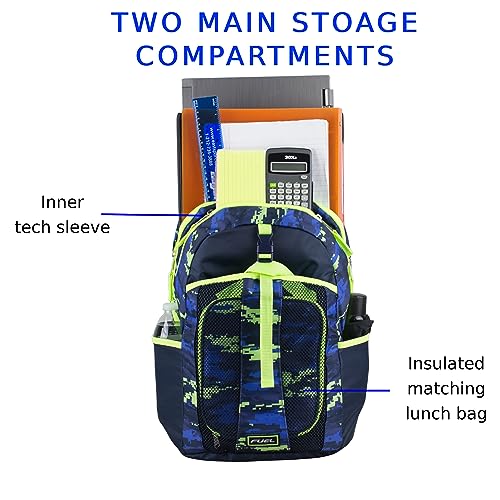 FUEL Lunch Backpack Set Teens Student Water Resistant Bookbag Bag Soft Reusable Insulated Cooler Lunch Box Thermal Travel Office Lunch Bag, Blue w/Neon Digital - color: Blue W/ Neon Camo