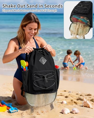 WANDF Drawstring Backpack with Removable Wet Pocket, Sandproof Beach Backpack with Bottom Compression Strap for Beach Mat, Swim Bag for Pool, Gym, Travel and Workout Gear (Black) - color: Black