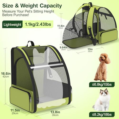 Cat Backpack Carrier for Travel Hiking: Expandable Foldable Breathable Mesh Soft Sided Ergonomic Design Small Dog Puppy Kitty up to 15lbs Camping Outdoor Green