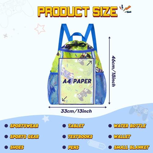 WAWSAM Drawstring Backpack for Kids, Game Kids Drawstring Gym Bag for Boys, Waterproof Swim Bag for Beach String Cinch Backpack with Two Mesh Water Bottle Pocket - color: Game
