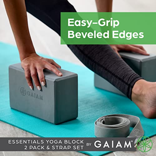 Gaiam Yoga Block - Supportive Latex-Free Eva Foam - Soft Non-Slip Surface with Beveled Edges for Yoga, Pilates, Meditation - color: Grey, style: 2 Blocks W/Strap