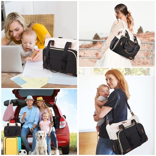 Diaper Bag Backpack Mommy Bag Large Capacity Diaper Backpack Travel Essential Baby Diaper Bag for Mom and Dad, Black & Beige - color: Black & Creamy-white