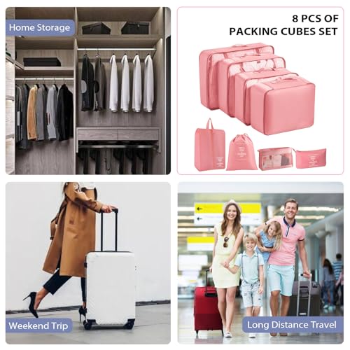 8 Set Packing Cubes for Suitcases, INVODA Travel Luggage Packing Organizers with Laundry Bag, Compression Storage Shoe Bag, Clothing Underwear Bag (Pink) - color: Pink