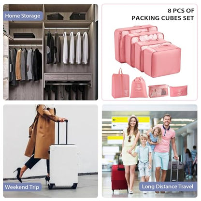 8 Set Packing Cubes for Suitcases, INVODA Travel Luggage Packing Organizers with Laundry Bag, Compression Storage Shoe Bag, Clothing Underwear Bag (Pink) - color: Pink