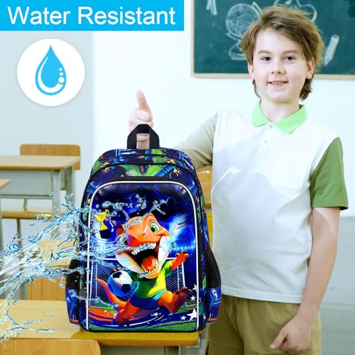 16" Dinosaur Soccer Backpack Set for Boys 4-8, 3Pcs Preschool Bookbag with Football Lunch Box & Pencil Case, Lightweight School Bag (Blue) - color: Soccer Dinosaur Blue