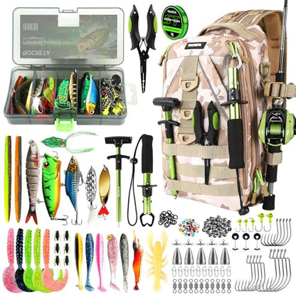 Fishing Backpack with Tackle Boxes,Fishing Lure Kit and Tool | Waterproof Fishing Tackle Bag With Rod Holder, Sling Backpack wtih Fishing Gear, Fishing Gifts for Men Woman Anglers - color: Khaki Camouflage Fishing Backpack Set