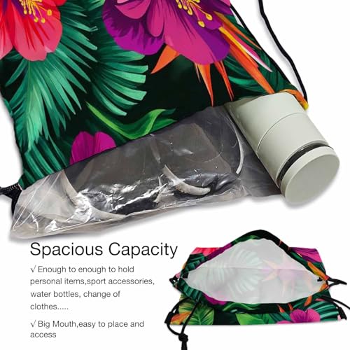 Drawstring Bags Tropical Flowers Pattern Gorgeus Botanical Elements Hibiscus Palm Paradise Bird Sport Gym Sack Drawstring Bag String Bag Yoga Bag 14x16.9 Inch - color: Tropical Flowers