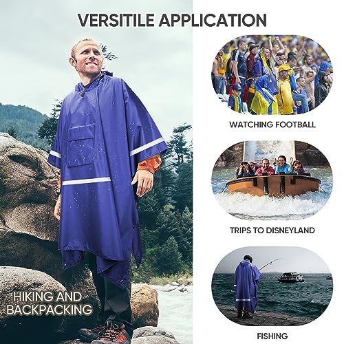 PTEROMY 3-in-1 Hooded Rain Poncho for Adult with Pocket, Waterproof Lightweight Unisex Raincoat for Hiking Camping Emergency - color: Blue W/ Reflective Stripe