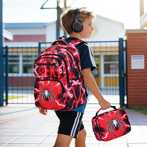 Bevalsa Backpack for Boys, Lightning School Bags with Lunch Bag & Pen Case for Kids, Bookbag for Boys Teens Elementary Middle High School - color: Red Spider