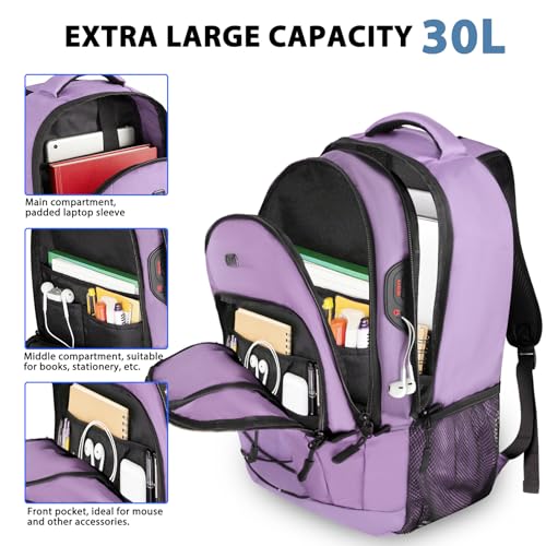 Goloni Laptop Backpack for Men Women, 17 Inch Travel Backpack with USB Charging Port, Water Resistant Lightweight Backpack with Compartments, 30L Casual Daypack,Purple - color: Purple