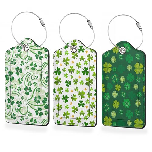 3 Pack Luggage Tags,St.Patrick's Day Shamrock PU Leather Luggage Tags for Suitcase,Name ID Labels with Privacy Cover Suitcases and Metal Loop for Bag Suitcase - color: St. Patrick's Day Shamrock