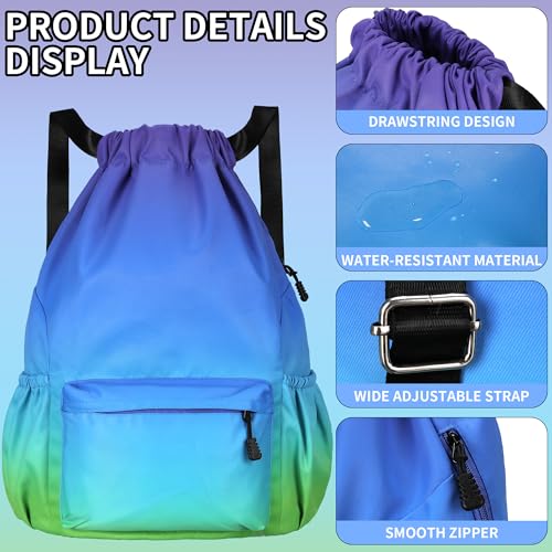 Drawstring Backpack for Women Drawstring Gym Bag Water Resistant Small Cinch Sack Pull String Backpack Bag (Blue-Green) - color: Blue-green