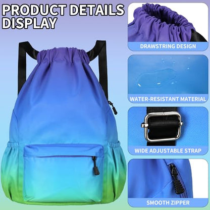 Drawstring Backpack for Women Drawstring Gym Bag Water Resistant Small Cinch Sack Pull String Backpack Bag (Blue-Green) - color: Blue-green