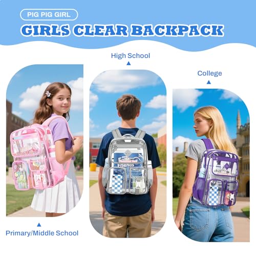 PIG PIG GIRL Clear Backpack for School,Heavy Duty PVC Transparent Bookbag for Girls Stadium Approved See Through Backpack - color: Gray