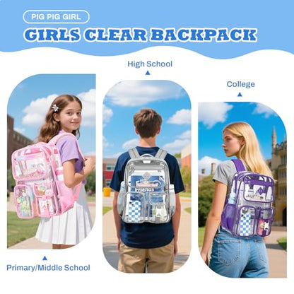 PIG PIG GIRL Clear Backpack for School,Heavy Duty PVC Transparent Bookbag for Girls Stadium Approved See Through Backpack - color: Gray