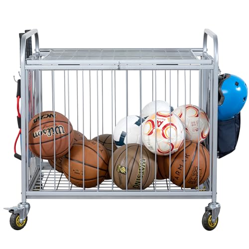 MyGift Large Capacity Metal Rolling Multi Sports Ball Cage Storage Hopper, Gym Equipment Basket Cart with Lockable Latch, Heavy Duty Caster Wheels, and 8 Accessory Hooks - color: Silver