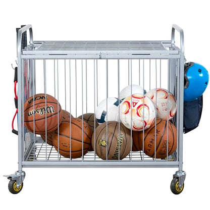 MyGift Large Capacity Metal Rolling Multi Sports Ball Cage Storage Hopper, Gym Equipment Basket Cart with Lockable Latch, Heavy Duty Caster Wheels, and 8 Accessory Hooks - color: Silver