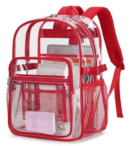 abshoo Big Heavy Duty Clear Backpack for School Girls Boys Transparent Bookbag for Middle High School (Red) - color: Red