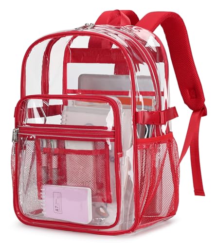 abshoo Big Heavy Duty Clear Backpack for School Girls Boys Transparent Bookbag for Middle High School (Red) - color: Red