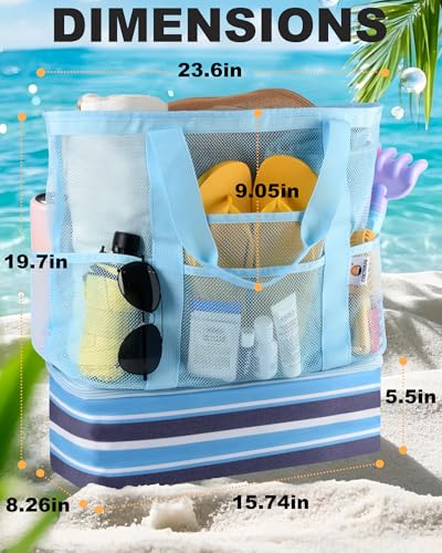 CaCTOUR Beach Bag with Cooler Compartment,Mesh Beach Bag Dry Wet Detachable with Zipper Pockets,Waterproof Sandproof Pool Bag - color: Blue