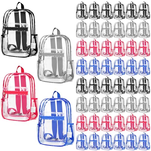 Silkfly 48 Pack Clear Backpacks Bulk PVC Transparent Bookbags Heavy Duty See Through Bags with Pockets for Stadium Work Travel (15 x 11 x 3.6 Inches,Black,Gray,Blue,Pink) - color: Black, Gray, Blue, Pink, size: 15 x 11 x 3.6 Inches