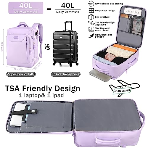 Carry on Backpack, 40L Flight Approved Large Travel Laptop Backpack, 17 Inch Water Resistant Luggage Computer Daypack College Weekender Overnight Bag for Men & Women, purple - color: Purple