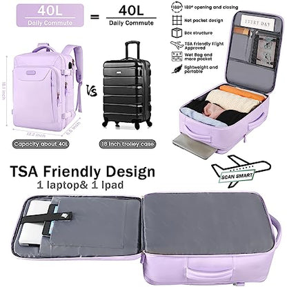 Carry on Backpack, 40L Flight Approved Large Travel Laptop Backpack, 17 Inch Water Resistant Luggage Computer Daypack College Weekender Overnight Bag for Men & Women, purple - color: Purple