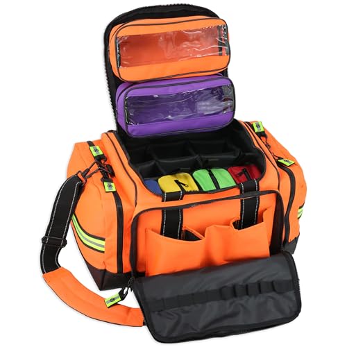 Lightning X LXMB35 EMT Trauma Bag – Large ALS Medical Bag with 6 Color-Coded Pouches, MOLLE Panel, Waterproof Bottom, Reflective EMS Gear for First Responders - color: Fluorescent Orange