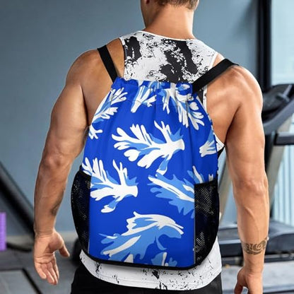 Drawstring Gym Backpack with Shoe Compartment And Wet Pocket, 28L Lightweight Waterproof Blue Celery Pattern Sports Backpack for Workout Swim Beach Travel String Bag for Men Women