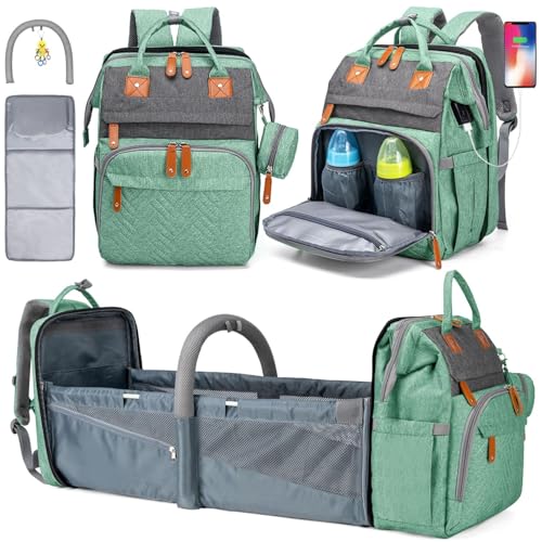 KABAQOO Diaper Bag Backpack with Detachable Changing Station, Large Capacity Baby Diaper Bags for Boys & Girls, Baby Registry Search Stuff & Shower Gifts, Newborn Essentials Must Haves, Green Grey - color: Green Grey