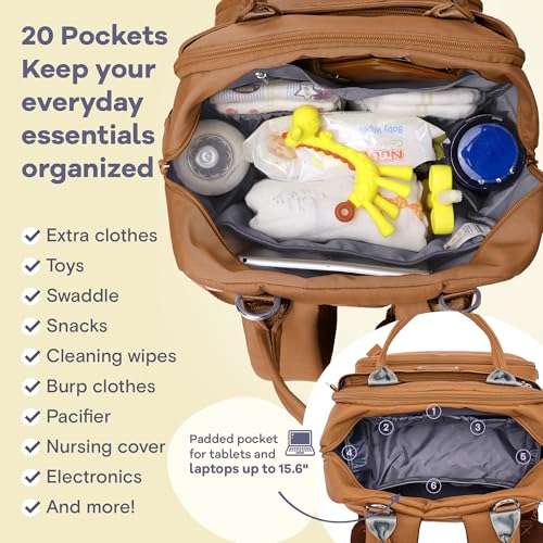 RUVALINO Diaper Bag Backpack-Multifunction Baby Travel Bag with Changing pad, Insulated Bottle Holders & Pacifier Case, Large Capacity, Waterproof, Dark Brown - color: Dark Brown