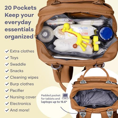 RUVALINO Diaper Bag Backpack-Multifunction Baby Travel Bag with Changing pad, Insulated Bottle Holders & Pacifier Case, Large Capacity, Waterproof, Dark Brown - color: Dark Brown