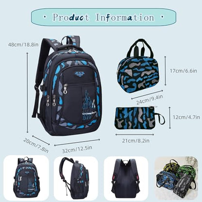 Bansusu 3Pcs Boys Backpack for Kids School Bag with Lunch Bag, Primary Middle School Backpack for Boys Bookbags - color: Style B-3pcs-blue
