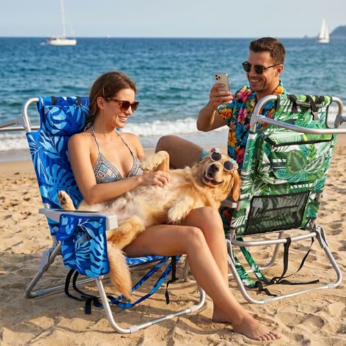 Palm Leaves Beach Chair Heavy Duty 330 lbs, 5-Position Lay Flat Folding Backpack Beach Chair with Cooler for Adults, Reclining Sand Chair for Beach Poolside Vacation(Blueleaves,1PK)