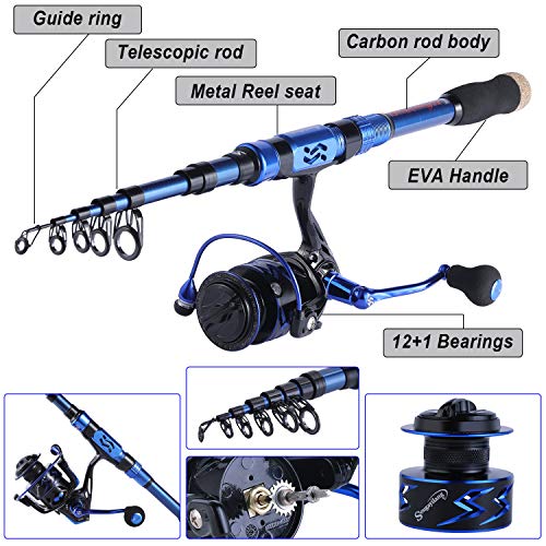 Sougayilang Fishing Rod and Reel Set Carbon Fiber Telescopic Fishing Rod 12+1BB Spinning Reel with Carry Case for Saltwater Freshwater - color: blue, size: 5.91 ft - 2000