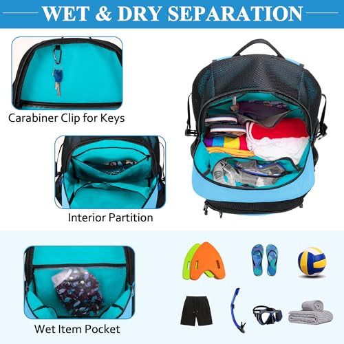 Fasrom Mesh Beach Bag Backpack with Wet Item Pocket, Swim Backpack for Pool, Travel and Gym (Patent Design, Empty Bag Only), Blue - color: Blue