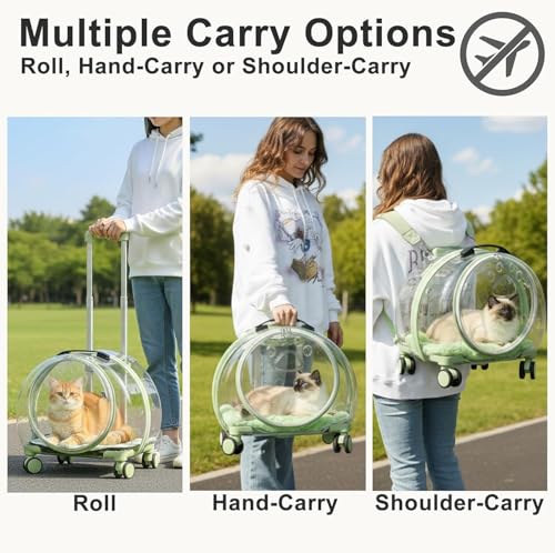 Cat Carrier with Rolling Wheels, Clear Pet Trolley Case Pet Backpack with Multiple Ventilation Holes for Cats and Dogs, Green - color: Green Cat Carrier