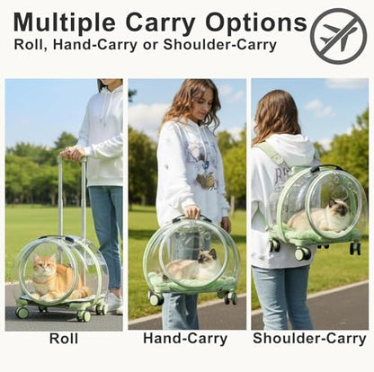 Cat Carrier with Rolling Wheels, Clear Pet Trolley Case Pet Backpack with Multiple Ventilation Holes for Cats and Dogs, Green - color: Green Cat Carrier