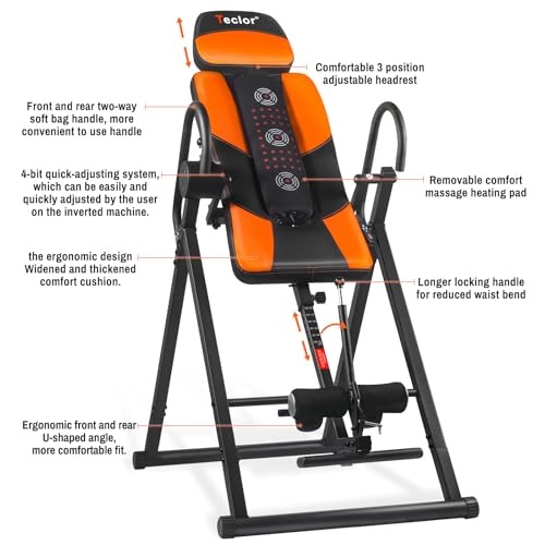 Teclor Inversion Table,Advanced Heat and Massage Function,Strength Training Inversion Table for Back Pain Relief,Heavy Duty Inversion Table 350 lbs Capacity with Wider and Thickened Backrest - color: Orange/Black
