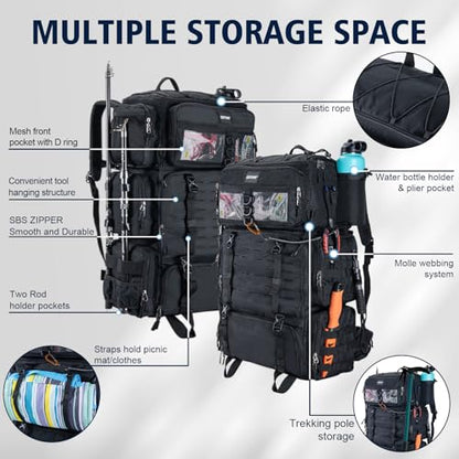 Goture Fishing Backpack with Cooler,72L Large 600D Tackle Backpack with Rod Holders,Dry & Wet Split Compartment,Adjustable Main Compartment,Rain Cover,Insulated Tactical Bag for Travel Camping Hiking - color: Black (Only Bag, Without Tackle Box)