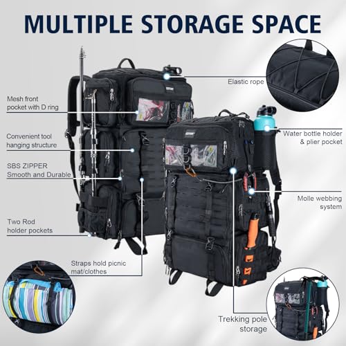 Goture Fishing Backpack with Cooler, 72L 600D Tackle Backpack Included 4 3700 Tackle Boxes, Dry & Wet Split Compartment, Large Fishing Tackle Bag with Rod Holders,Rain Cover for Travel Camping Hiking - color: Black (with 4 3700 Tackle Boxes)