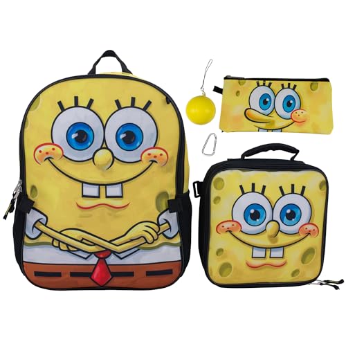 AI ACCESSORY INNOVATIONS Sponge Bob 5 PC Backpack Set, Girls & Boys Big Face School Bag 16” with Front Zip Pocket - color: Spongebob