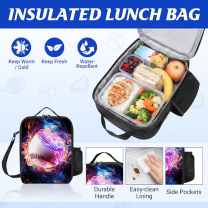 Baseball Backpack Set for School,17 Inch Casual School Bags with Lunch Box, Kids Daypack Bags and Pencil Case Set for Teens Boys Men Students - color: Baseball