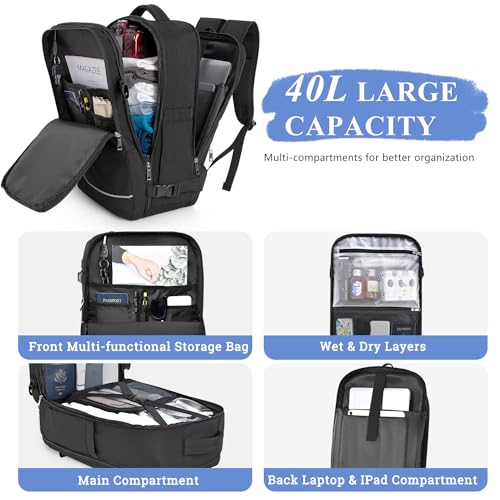Sinaliy Personal Item Backpack, 40L Large Travel Backpack for Women Men, Waterproof Carry on Backpack for College, Business, Work - color: Black