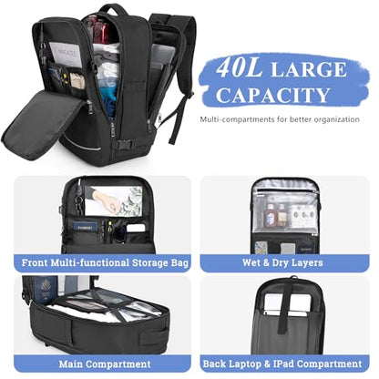 Sinaliy Personal Item Backpack, 40L Large Travel Backpack for Women Men, Waterproof Carry on Backpack for College, Business, Work - color: Black