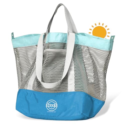 STOVER Extra Large Mesh Beach Bag, Vacation, Pool, Shopping & Travel Tote - Foldable w/Storage Pouch & Pockets for Women, Men - color: 01 - Lagoon Blue