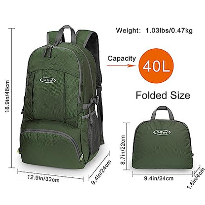 G4Free 40L Lightweight Packable Hiking Backpack, Waterproof Travel Daypack - color: Army Green