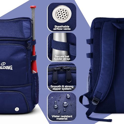 Spalding Baseball Backpack Baseball Bag | Youth & Adult Large Navy Backpack with Compartment for Tball Softball Sports Gear | Fits Bat Glove Shoes Ball Helmet | Waterproof Adult Bat Bag Softball Gift