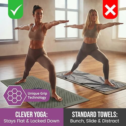 Clever Yoga Hot Yoga Mat Towel – Non-Slip Grip for Hot Yoga, Sweat Absorbent, Honeycomb Silicone Grip, Stays Flat – Ideal for Pilates, Travel, Washable & Lightweight - Olive - color: Olive
