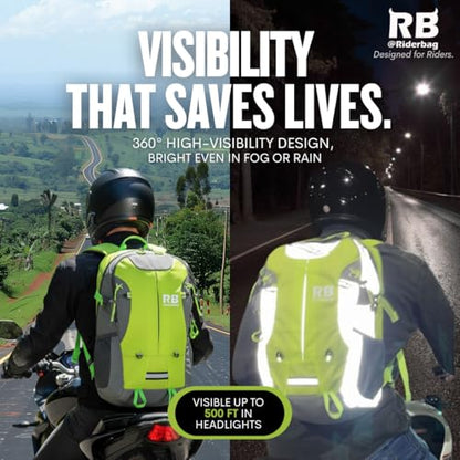 riderbag Reflective Motorcycle Backpack, Hi Viz Commuter Riding Bag | Designed by Riders for Everyday Rides with Laptop Compartment and Helmet Net. Built to Help You Be Seen. - color: Green